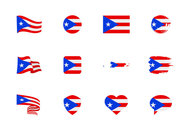 Porto Riko bayrağı - düz koleksiyon. Farklı şekilli on iki düz simge bayrakları. Vektör illüstrasyonu - Vektör, Görsel