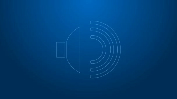 Línea blanca Volumen del altavoz, símbolo de sonido de voz de audio, icono de música multimedia aislado sobre fondo azul. Animación gráfica de vídeo 4K - Metraje, vídeo
