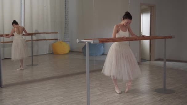 Μια όμορφη μπαλαρίνα στέκεται στο κιγκλίδωμα του μπαλέτου και τεντώνει τα πόδια της μπροστά στον καθρέφτη - Πλάνα, βίντεο