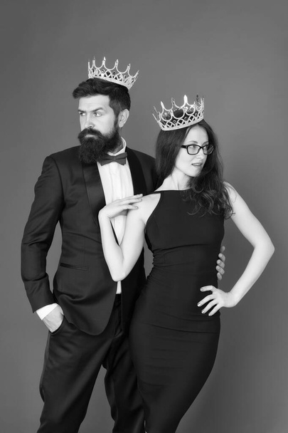 Famous person. We are family. Royal bond. Attractive queen and big boss enjoy luxury. Business couple wear luxury crowns. Rich man and woman. Pride and recognition. Prom party. Luxury lifestyle - Fotografie, Obrázek