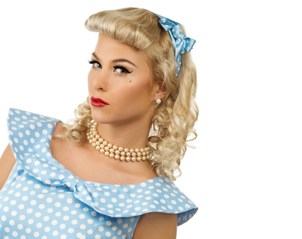 sexy blonde Pin-up-Stil junge Frau in blauem Kleid - Foto, Bild