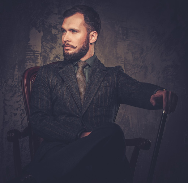 Handsome well-dressed with stick sitting in leather chair  - Photo, Image