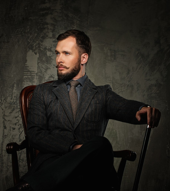 Handsome well-dressed with stick sitting in leather chair  - 写真・画像