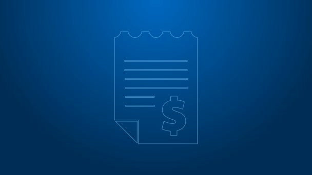 Bílá čára Ikona papíru nebo finanční kontroly izolované na modrém pozadí. Papírový šek, stvrzenka z obchodu nebo účet. Grafická animace pohybu videa 4K - Záběry, video