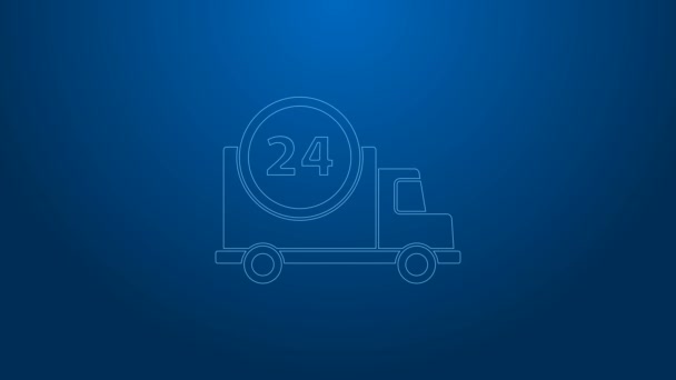Fehér vonal Gyors éjjel-nappal szállítás autóval ikon elszigetelt kék háttér. 4K Videó mozgás grafikus animáció - Felvétel, videó