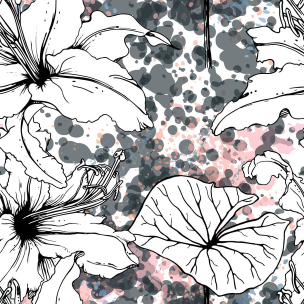 Floral Black White Pattern. Modern Watercolor - Vetor, Imagem