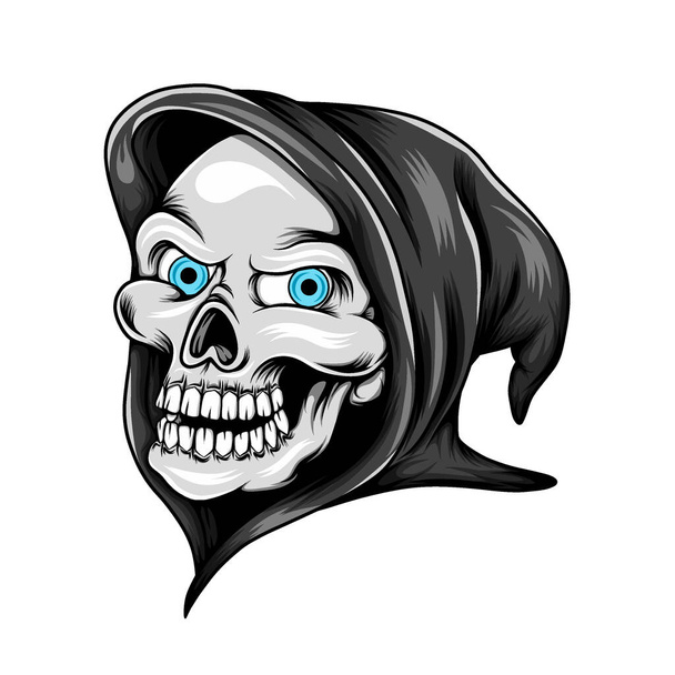 The illustration of the grim reaper head skull with his blue eyes and using the black costume - Vector, Image