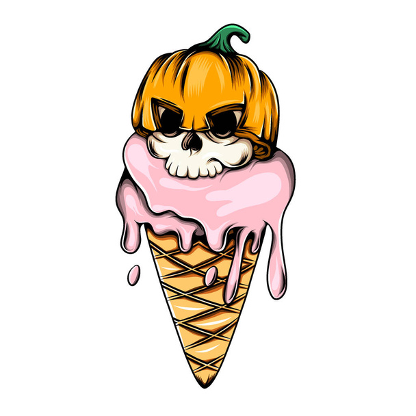 Иллюстрация монстра розового конуса мороженого с черепом для пищевого вдохновения - Вектор,изображение