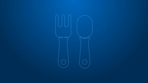Línea blanca Icono de tenedor y cuchara aislado sobre fondo azul. Utensil de cocina. Signo de cubertería. Animación gráfica de vídeo 4K - Metraje, vídeo