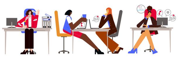 Aufschub und Verzögerung von Arbeitsaufgaben Konzept. Frau sitzt in einem Büro. Zwei Frauen reden, statt zu arbeiten. Gespräche sind interessanter als Arbeit. Frau sitzt im Büro und träumt vom Urlaub. Später ist immer der beste Weg. Stopp  - Vektor, Bild