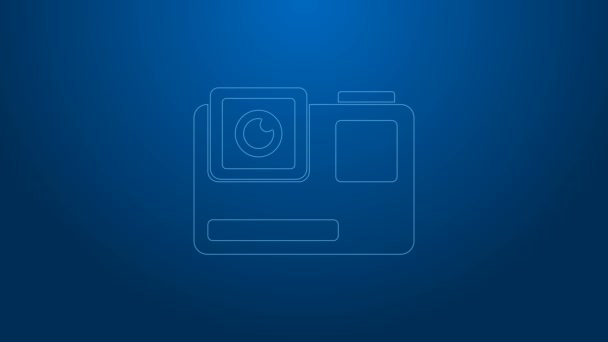 Biała linia Ekstremalna ikona kamery odizolowana na niebieskim tle. Sprzęt kamery wideo do filmowania sportów ekstremalnych. 4K Animacja graficzna ruchu wideo - Materiał filmowy, wideo