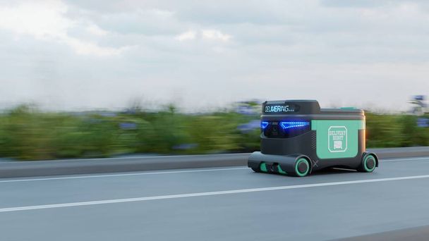 Robô de entrega Robôs de entrega de alimentos podem servir casas em um futuro próximo. AGV inteligente robot.3d renderização - Foto, Imagem