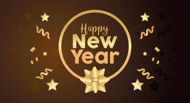 feliz año nuevo letras doradas con confeti en marco circular - Vector, Imagen