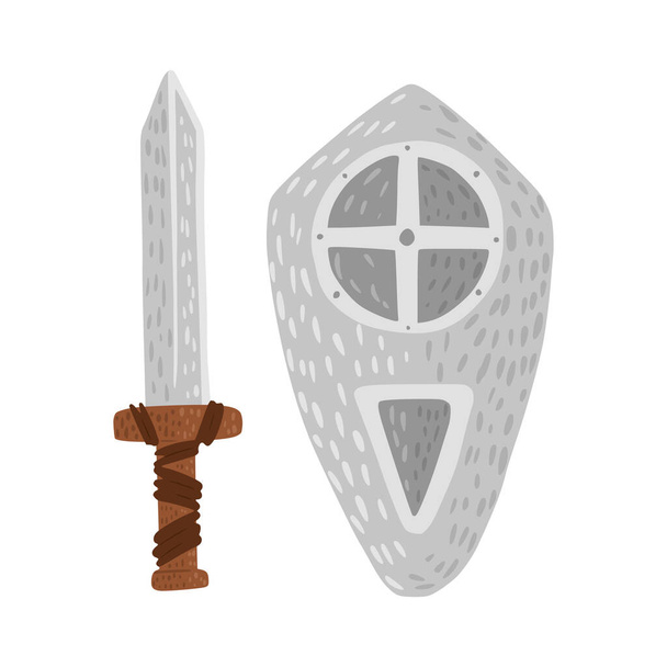 Tarcza i miecz odizolowane na białym tle. Cartoon cute broni Viking w stylu doodle wektor ilustracji. - Wektor, obraz