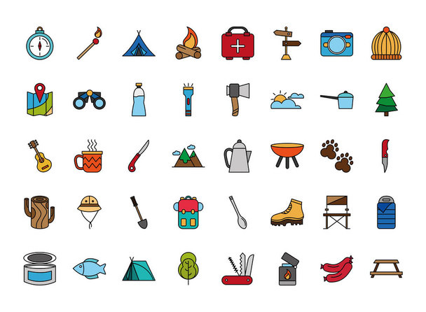 bundle of fourty camping set line and fill icons - Вектор,изображение