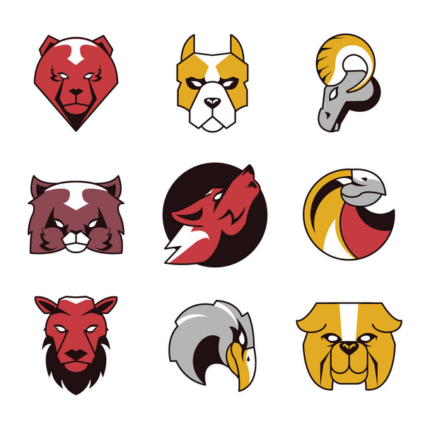 paquete de nueve cabezas animales emblemas iconos en fondo blanco - Vector, Imagen