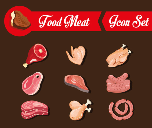 delicious fresh nine butchery products and lettering - Vector, Image