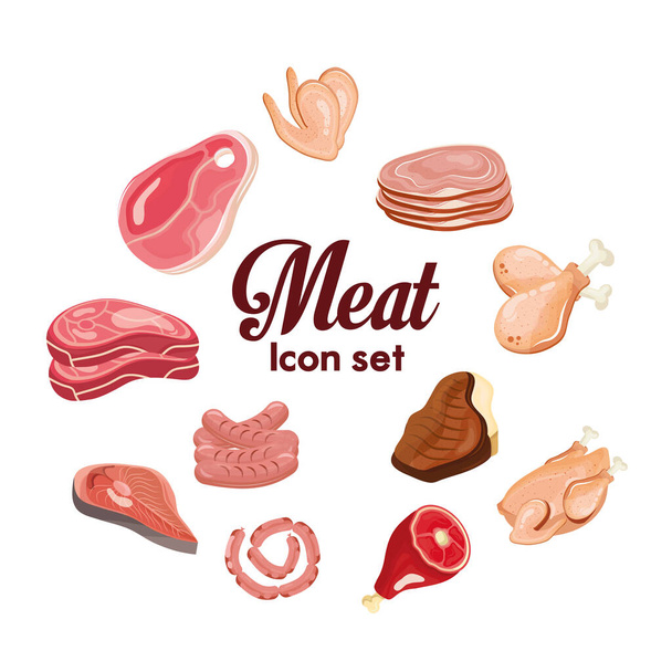 Leckere frische elf Fleischerzeugnisse und Schriftzug - Vektor, Bild