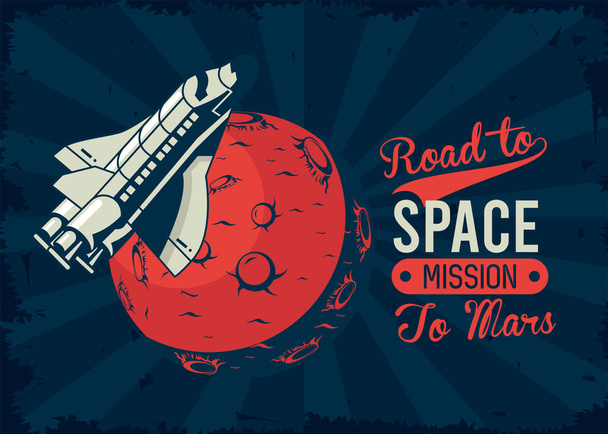 lettrage route vers l'espace avec vaisseau spatial et planète Mars en affiche style vintage - Vecteur, image
