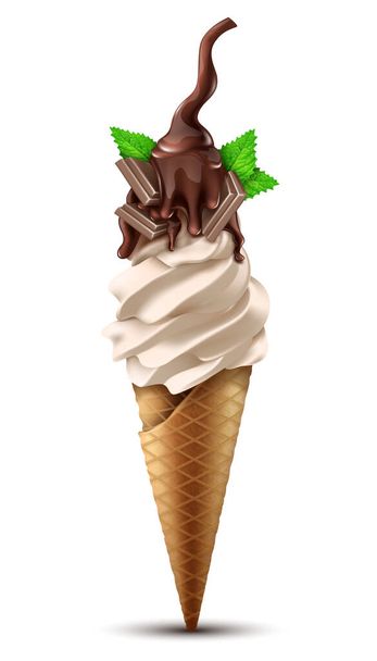 3d vector realista suave servir yogur congelado o helado de vainilla con encima de chocolate líquido con hojas de menta. - Vector, imagen