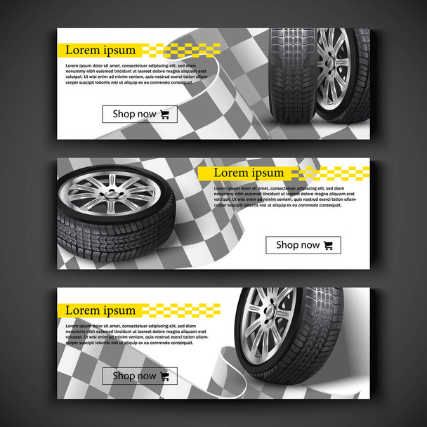Advertisement posters for your business. Vector realistic 3d car tires illustration for your store on checkered flag background. Black rubber tire sale, protection and service flyer. - Vector, Image