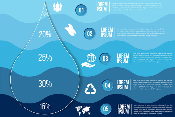 Infographic eco water blue design elements process 5 steps or options parts with drop of water. Ecology organic nature vector business template for presentation. - Wektor, obraz