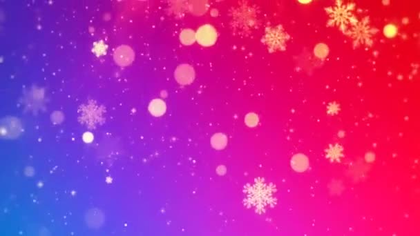 Прекрасний абстрактний зимовий сніг і золотий блиск на барвистому тлі з падаючими сніжинками і плаваючі розмиті блискітки частинки світла. Частинки Червоний Сніжинка Зима
. - Кадри, відео