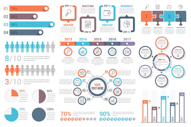 Set of most useful infographic elements - bar graphs, human infographics, pie charts, steps and options, workflow, puzzle, percents, circle diagram, timeline, vector eps10 illustration - Vektör, Görsel
