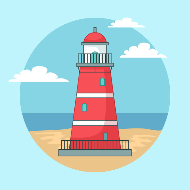 Red lighthouse on ocean or sea beach landscape with blue sky cartoon background vector illustration - Vektör, Görsel