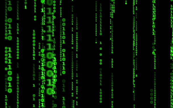 Código informático binario sobre fondo negro.Números de código digital verdes en estilo matricial.Cyberpunk hacker abstraction backdrop.Números aleatorios que caen sobre el fondo negro.Fondo en un estilo de matriz. - Foto, imagen