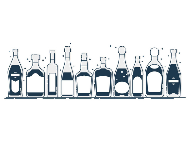 ボトルアルコール飲料の回収。アルコール容器が列に並んで立っている。孤立したイラスト。ブラックフィル付きフラットデザインスタイル。ビールシャンパンワインウィスキーウォッカ・マティーニ・ウイスキー・ラム・テキーラ - ベクター画像
