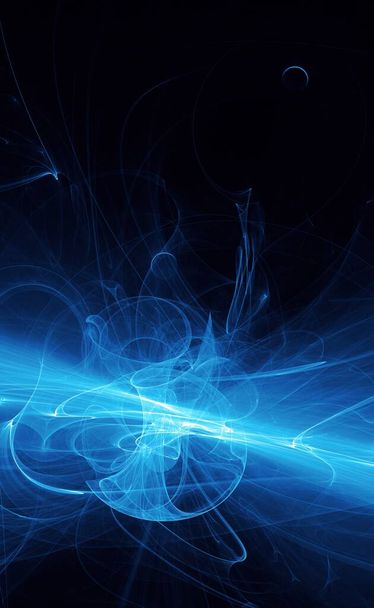 Abstract blauw licht en laserstralen, fractals en gloeiende vormen veelkleurige art background textuur voor verbeelding, creativiteit en design. - Foto, afbeelding