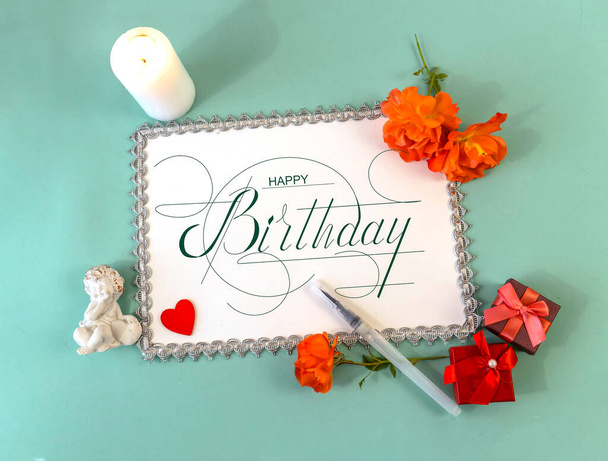 postcard , Internet banner , flat lay with a birthday greeting, with the inscription - happy birthday - Foto, afbeelding