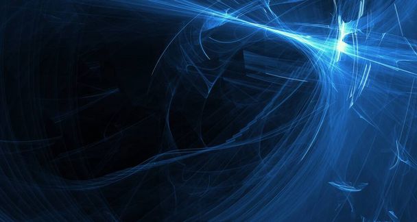 Abstraktes blaues Licht und Laserstrahlen, Fraktale und leuchtende Formen mehrfarbige Kunst Hintergrundtextur für Fantasie, Kreativität und Design. - Foto, Bild