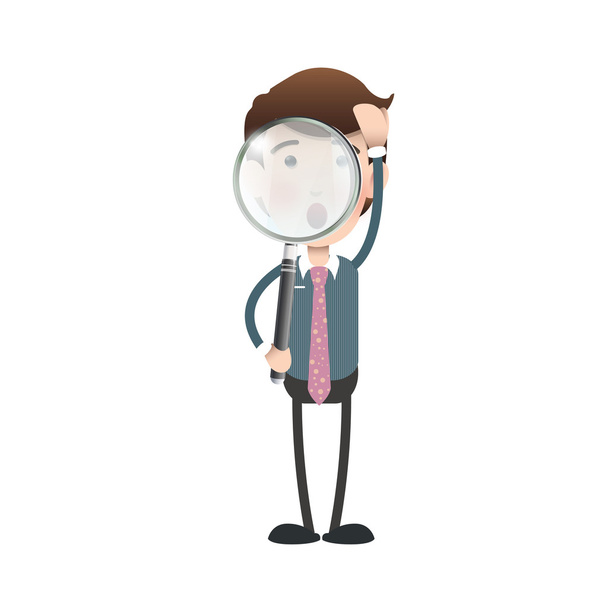 Surprised businessman holding a magnifying glass over white background - Vector, Image
