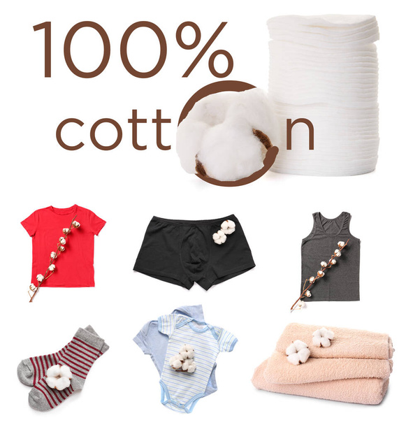 Collage de différents produits de coton sur fond blanc - Photo, image