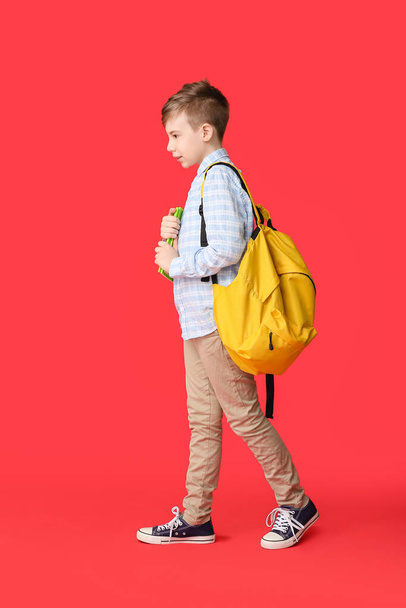 Aranyos iskolás fiú hátizsák színes háttér - Fotó, kép