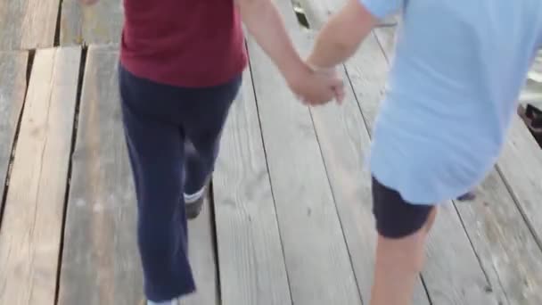 Primer plano de dos chicos tomados de la mano caminando sobre un muelle de madera - Imágenes, Vídeo