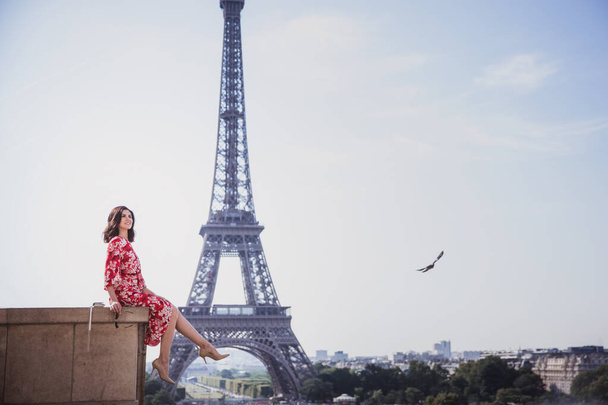 Une femme aux cheveux noirs en robe rouge est assise avec la tour Eiffel à l'arrière-plan à Paris - Photo, image