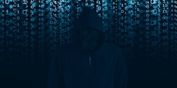 Siyah başlıklı hacker, çıkarma işlemini ikili sistemde gösteriyor. İkili akışlar ve bilgi güvenliği terimleriyle bir kod arka planının önünde durun siber güvenlik kavramı 3d illüstrasyon - Fotoğraf, Görsel