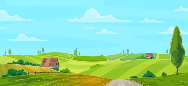 Ферма на природном векторном фоне с зеленым полем, дома или амбары под голубым облачным небом. Сельское хозяйство, мультфильм сельская местность сельхозугодия спокойное летнее время пейзаж с лугом, деревьями и забором - Вектор,изображение