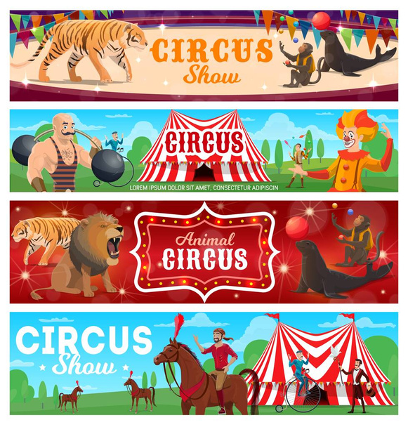 Cirkusoví účinkující vektorové transparenty. Silák, klaun a žonglér, divoká zvířata, retro cyklista a jezdci postavy na velké horní aréně. Kreslený cirkus umělci provádět zábavu na scéně - Vektor, obrázek