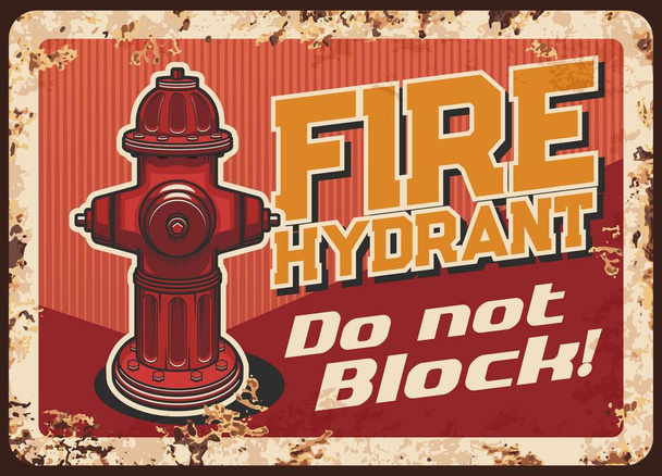Parkverbot in der Nähe von Feuerhydranten warnt vor rostigem Blech. Straßenbrandhydranten-Vektor. Feuerwehr-Abteilung, Warnmeldung des Rettungsdienstes, Retro-Banner mit Rostbeschaffenheit und Vintage-Typografie - Vektor, Bild