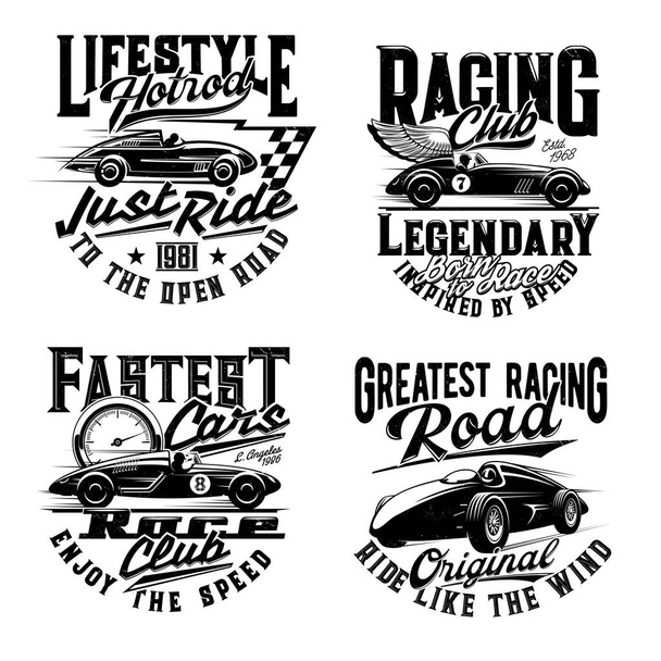 Autó versenyek póló nyomtatás mockup, retro autó rally és sport klub táblák. Vintage autós és klasszikus járművek versenyzés, legendás bajnok közúti verseny, sportautó és sebességmérő póló nyomtatásához - Vektor, kép