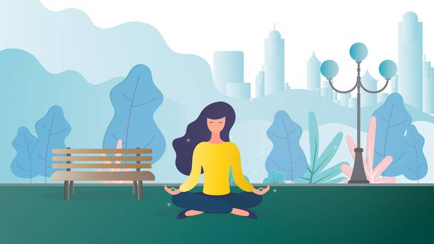 The girl is meditating in the park. The concept of a healthy lifestyle, meditation and calm. Vector illustration. - Vector, Image