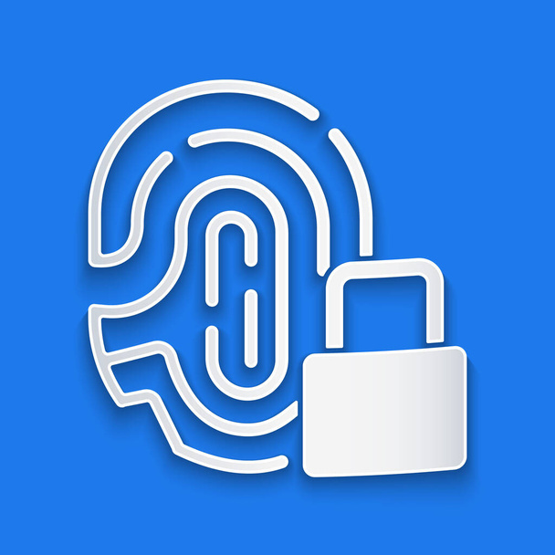 Paper cut Fingerprint with lock icon isolated on blue background. ID app icon. Identification sign. Touch id. Paper art style. Vector. - Vector, Image