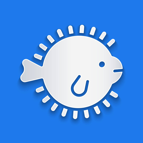 Taglio di carta Puffer icona del pesce isolato su sfondo blu. Pesce Fugu pesce palla giapponese. Stile cartaceo. Vettore. - Vettoriali, immagini