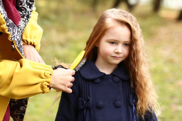 Mamina hřeben irský malá dívka s dlouhou červenou kudrnaté vlasy venkovní close up fotografie na podzim krajina pozadí - Fotografie, Obrázek