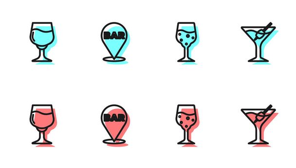 Set line Copa de champán, copa de vino, ubicación de la barra de alcohol y Martini icono. Vector. - Vector, Imagen