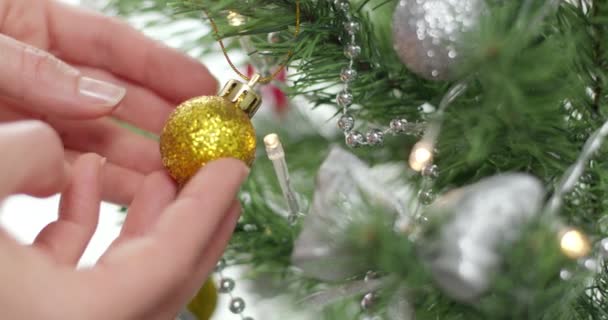 Brinquedo de Natal em mãos decorando um ramo de uma árvore de Natal. - Filmagem, Vídeo